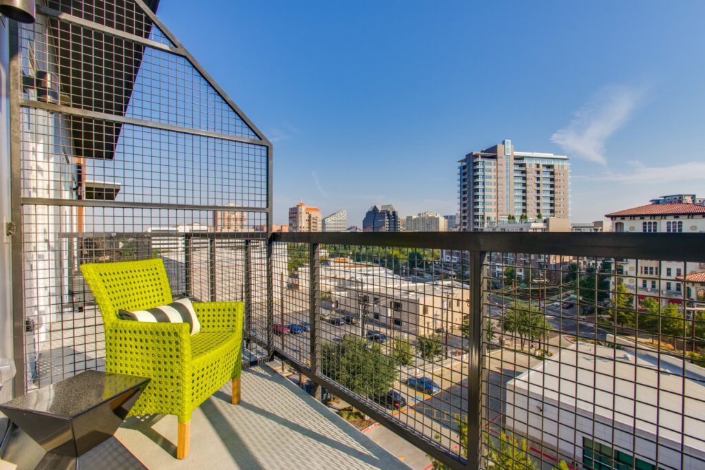 Apartment balcony with a view and seating