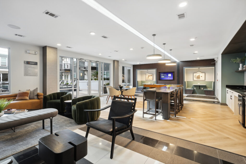 Clubhouse with lounge seating and pool table